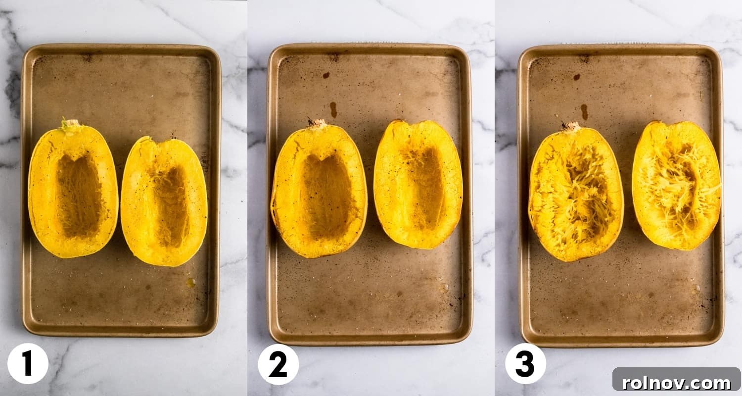 Luxe Pesto Spaghetti Squash Strands 4 Halved spaghetti squash drizzled with olive oil and seasoned with salt, pepper, and garlic powder on a baking pan, ready for roasting.