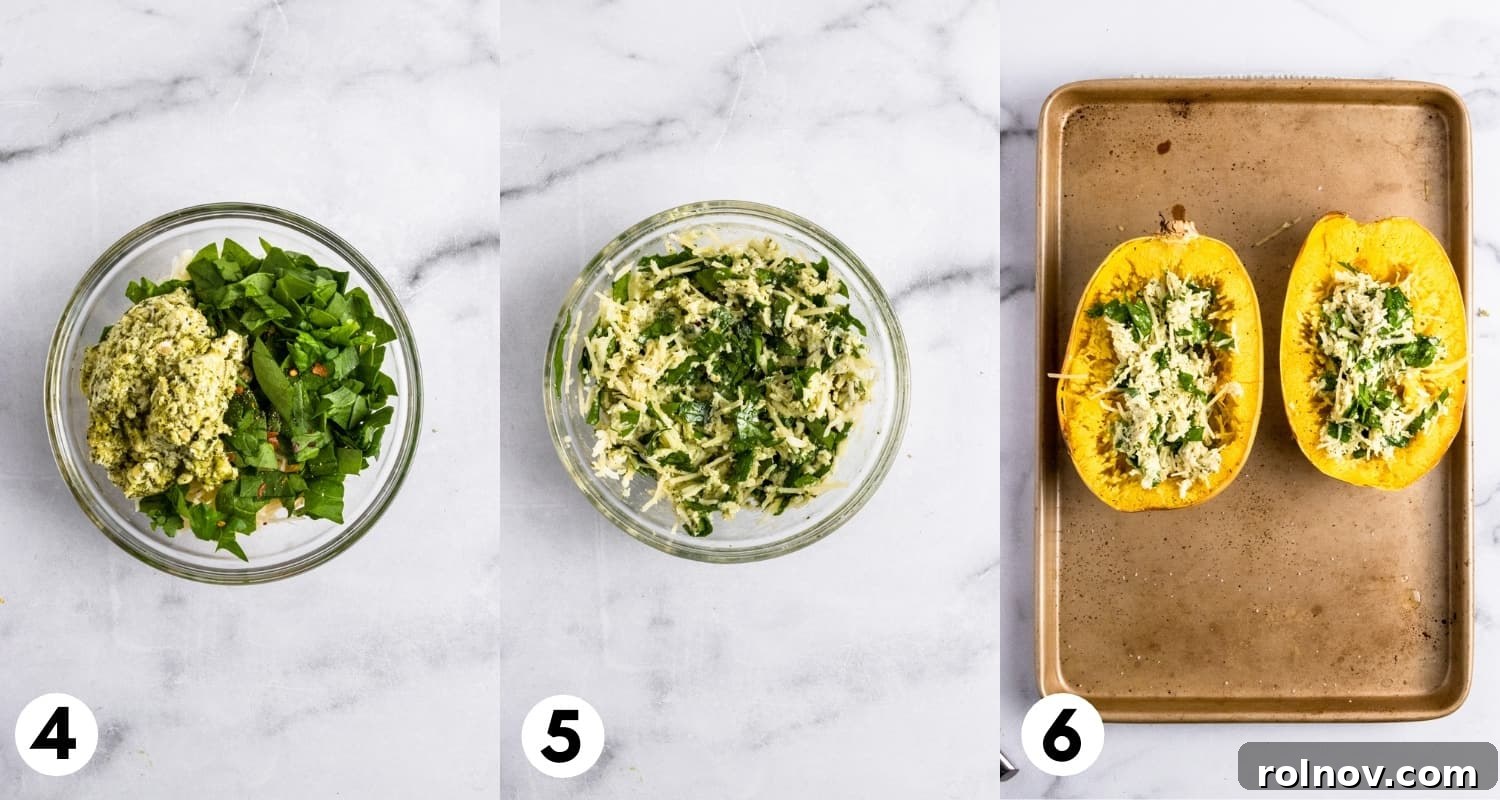 Luxe Pesto Spaghetti Squash Strands 5 A creamy pesto mixture with spinach and cheeses being combined with the pulled spaghetti squash strands inside the baked squash halves.