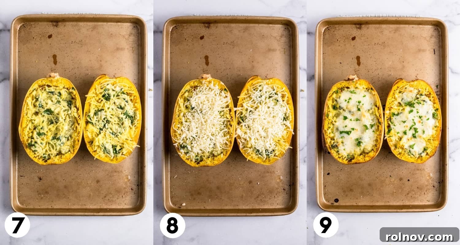 Luxe Pesto Spaghetti Squash Strands 6 The baked spaghetti squash halves, generously topped with melted mozzarella cheese, fresh out of the oven on a baking pan.