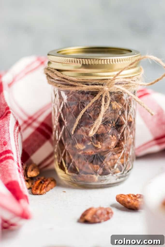 Maple Vanilla Candied Pecans 4 Maple Vanilla Spiced Pecans in Ball Jar with bow, ready for gifting.