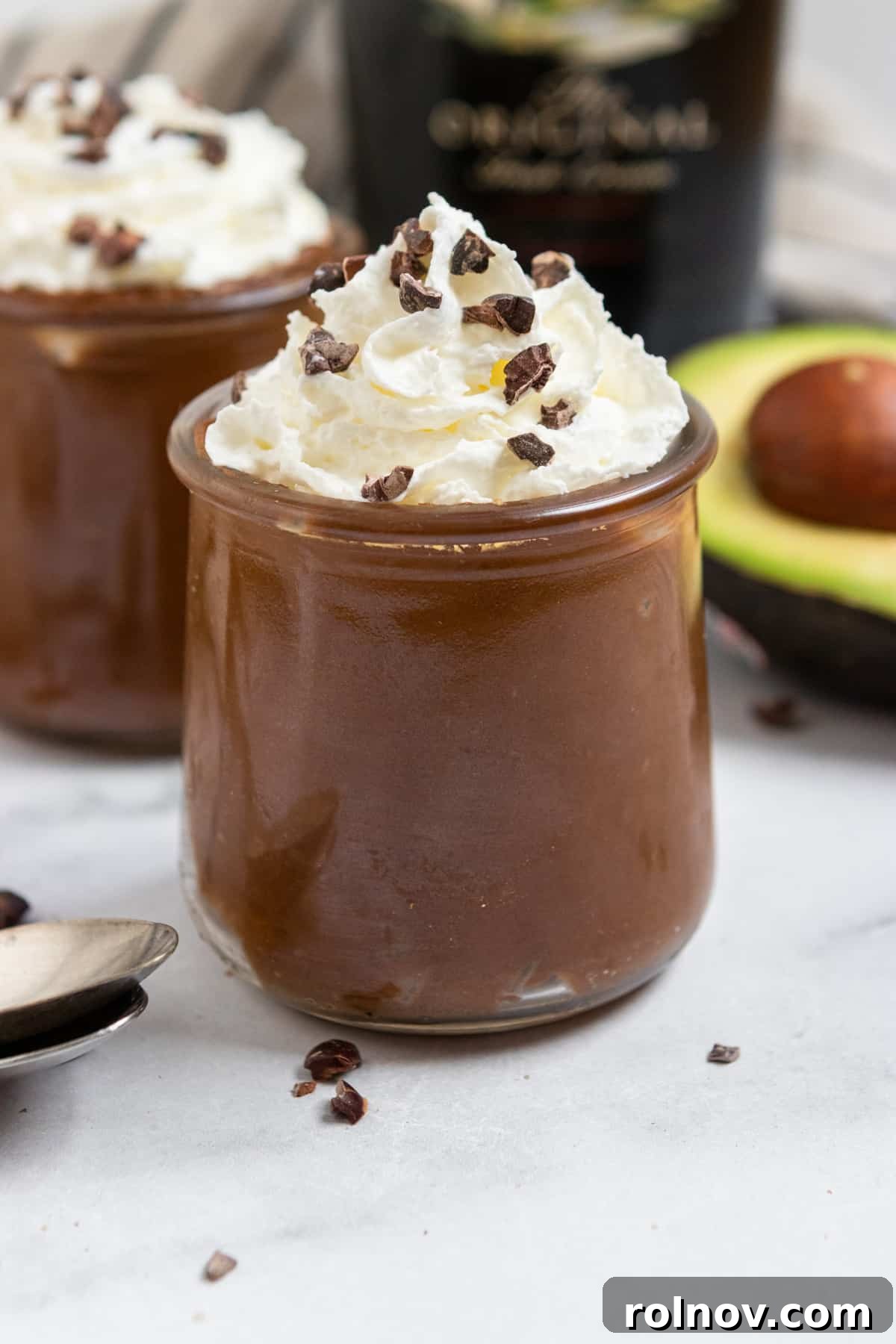 Bailey's Velvet Chocolate Avocado Cloud 2 Irish Cream Bailey's avocado mousse in dessert dish with whipped cream.