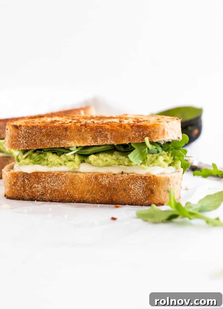 Decadent Havarti Grilled Cheese with Creamy Avocado and Peppery Arugula 3 Perfectly golden-brown Havarti grilled cheese sandwich with avocado and arugula filling, sliced in half.