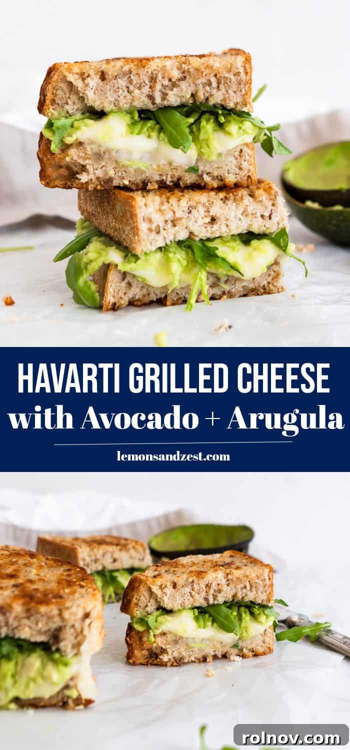 Decadent Havarti Grilled Cheese with Creamy Avocado and Peppery Arugula 8 A delicious Havarti grilled cheese with avocado and arugula, perfectly grilled and ready to be served.