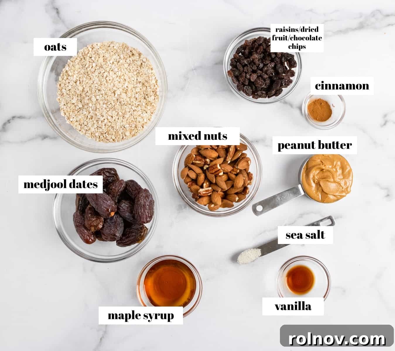 Adventure Fuel Bars 3 Ingredients to make no-bake trail mix bars, neatly arranged on a kitchen counter, ready for preparation.