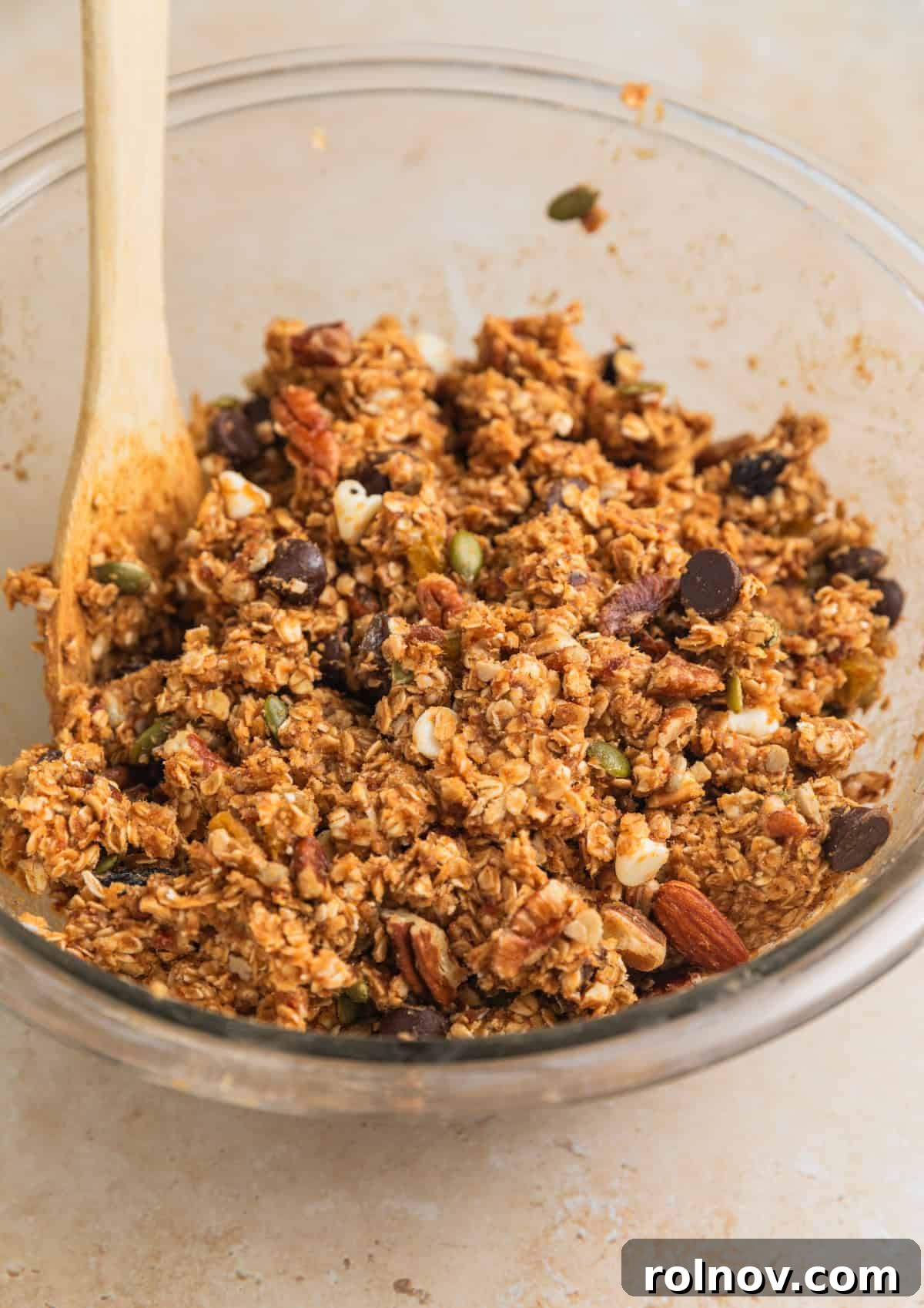 Adventure Fuel Bars 9 All trail mix bar ingredients thoroughly mixed together in a bowl, ready for pressing.