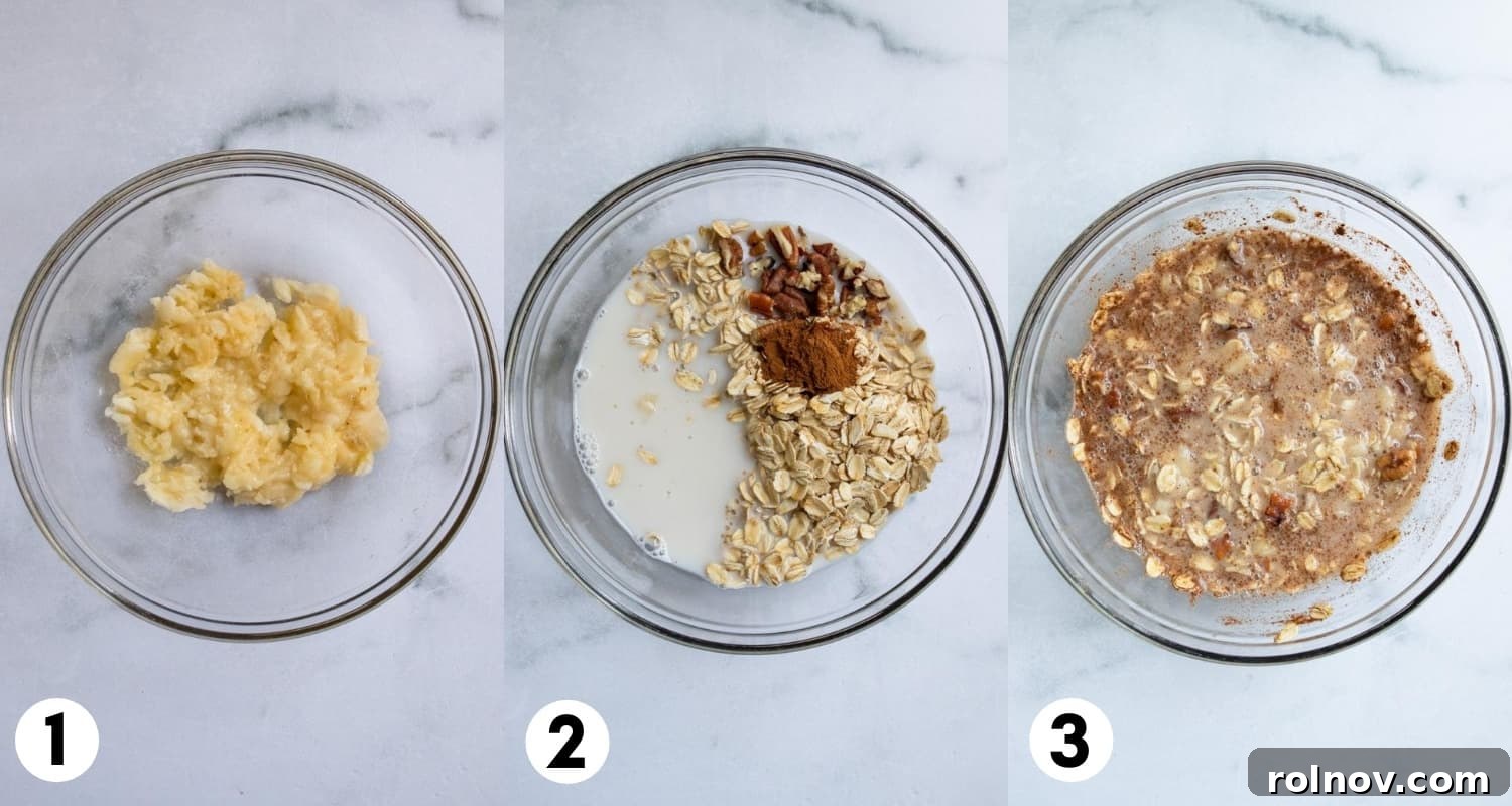 Series of images showing a banana being mashed in a bowl, followed by oatmeal ingredients being stirred together.