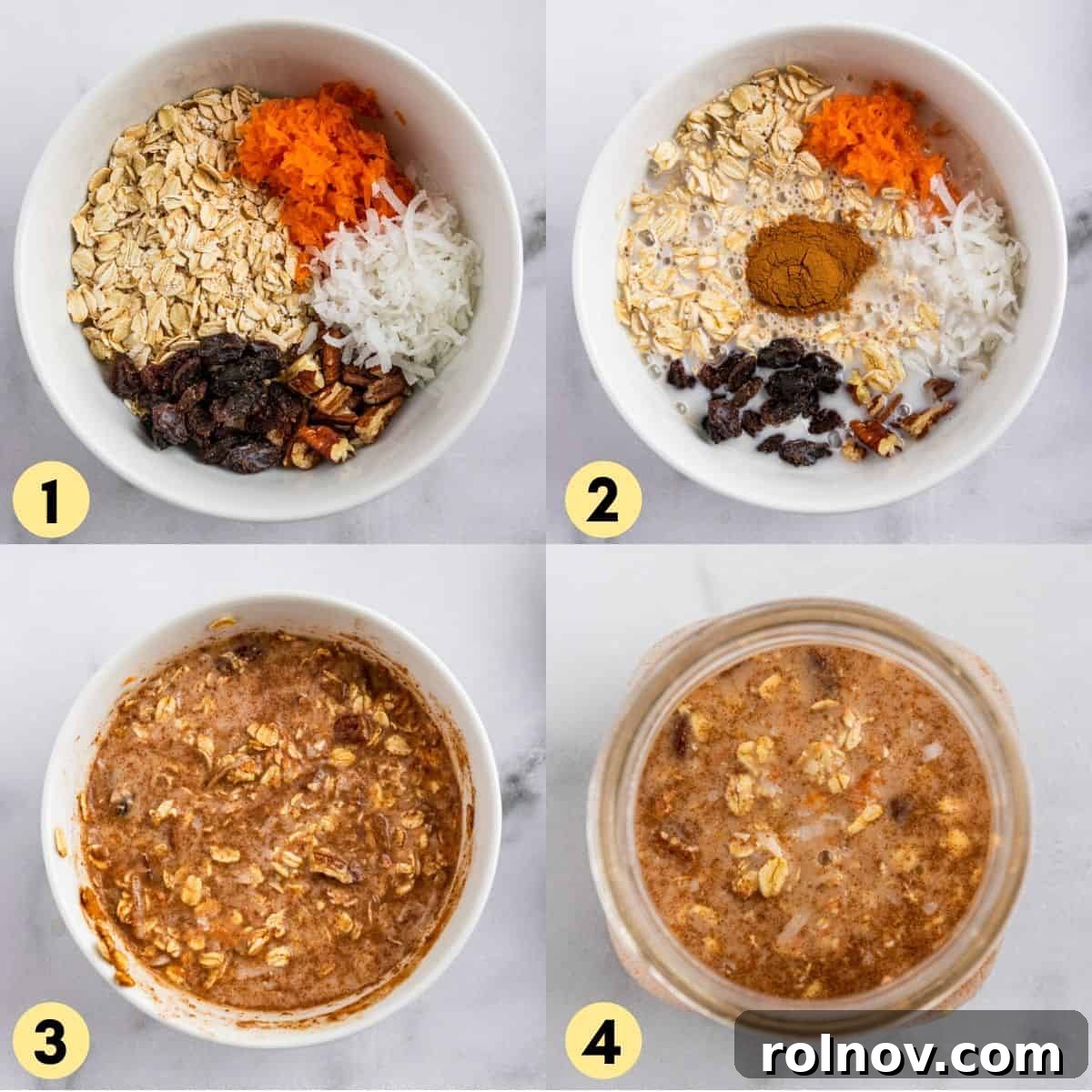Spiced Carrot Cake Overnight Oats 5 All ingredients for carrot cake overnight oats combined in a glass bowl, ready to be stirred and refrigerated.