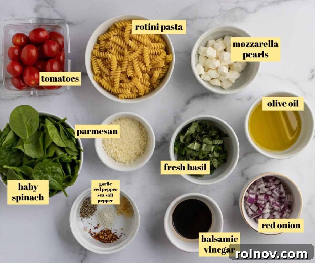 Sun-Kissed Tomato Basil Pasta Salad 3 Prepped tomato basil pasta salad ingredients with dressing.