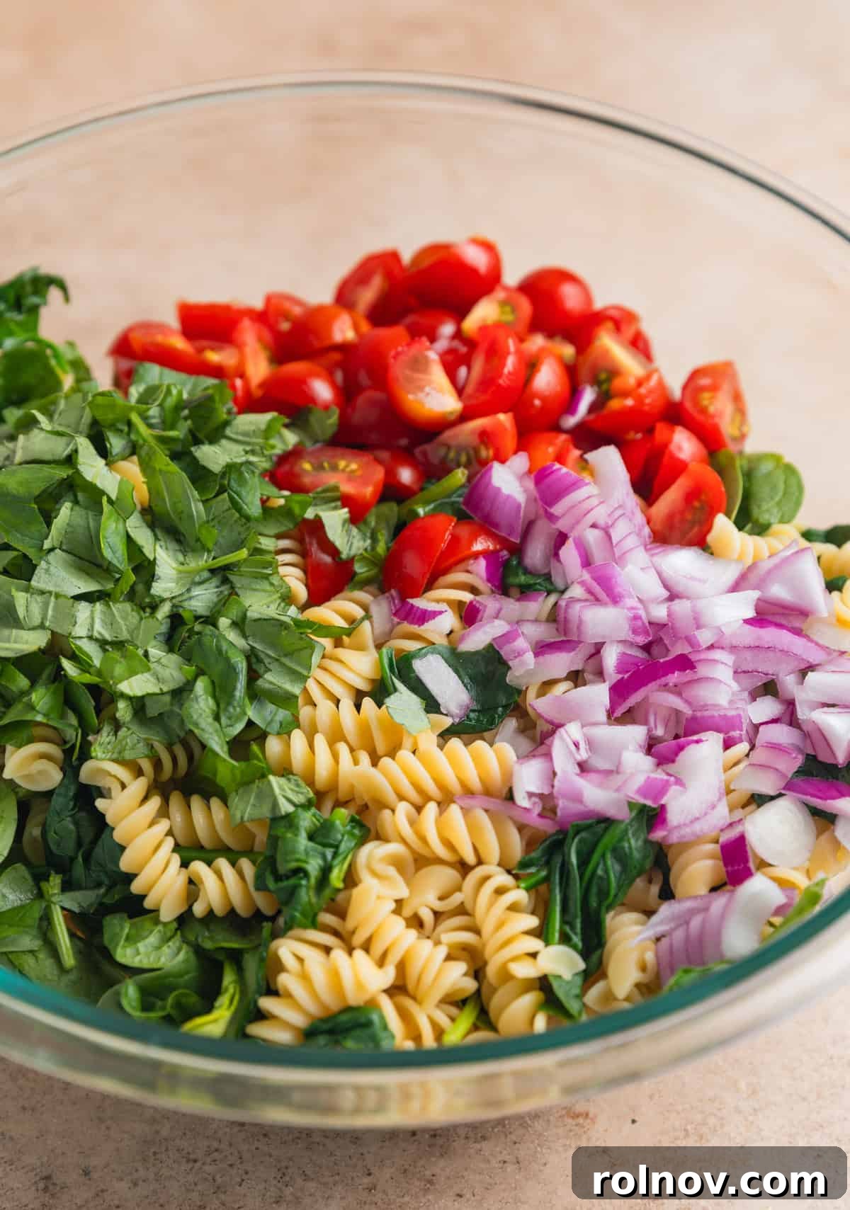 Sun-Kissed Tomato Basil Pasta Salad 5 Large mixing bowl with pasta, spinach, chopped basil, tomatoes and onion.