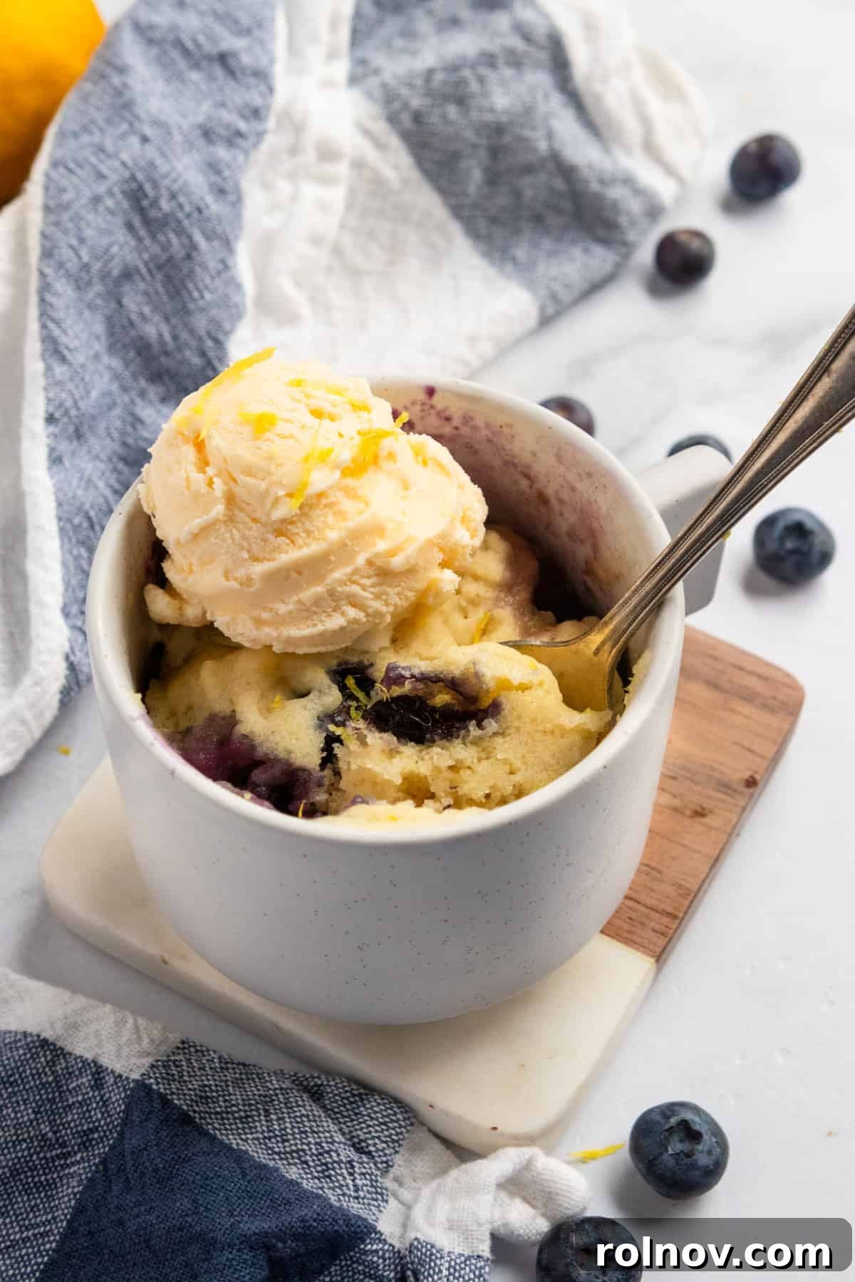 Sunny Blueberry Lemon Mug Cake 2 Fluffy and moist Blueberry Lemon Mug Cake in a white mug, topped with a scoop of vanilla ice cream, ready to be enjoyed.