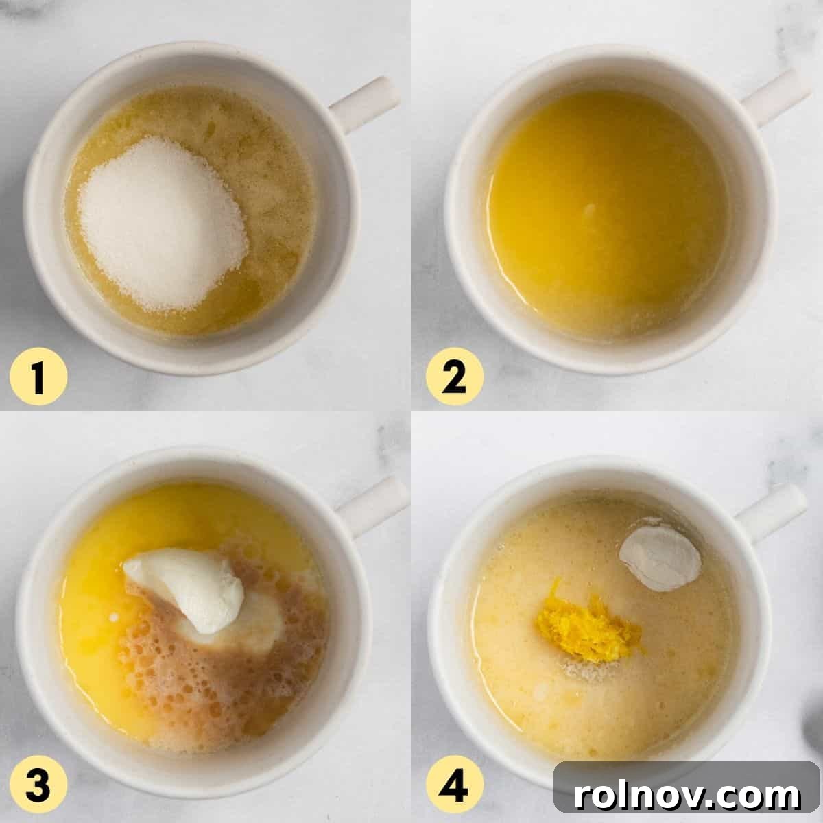 Sunny Blueberry Lemon Mug Cake 4 Melted butter and granulated sugar combined in a mug, followed by the addition of vanilla extract, milk, and Greek yogurt.