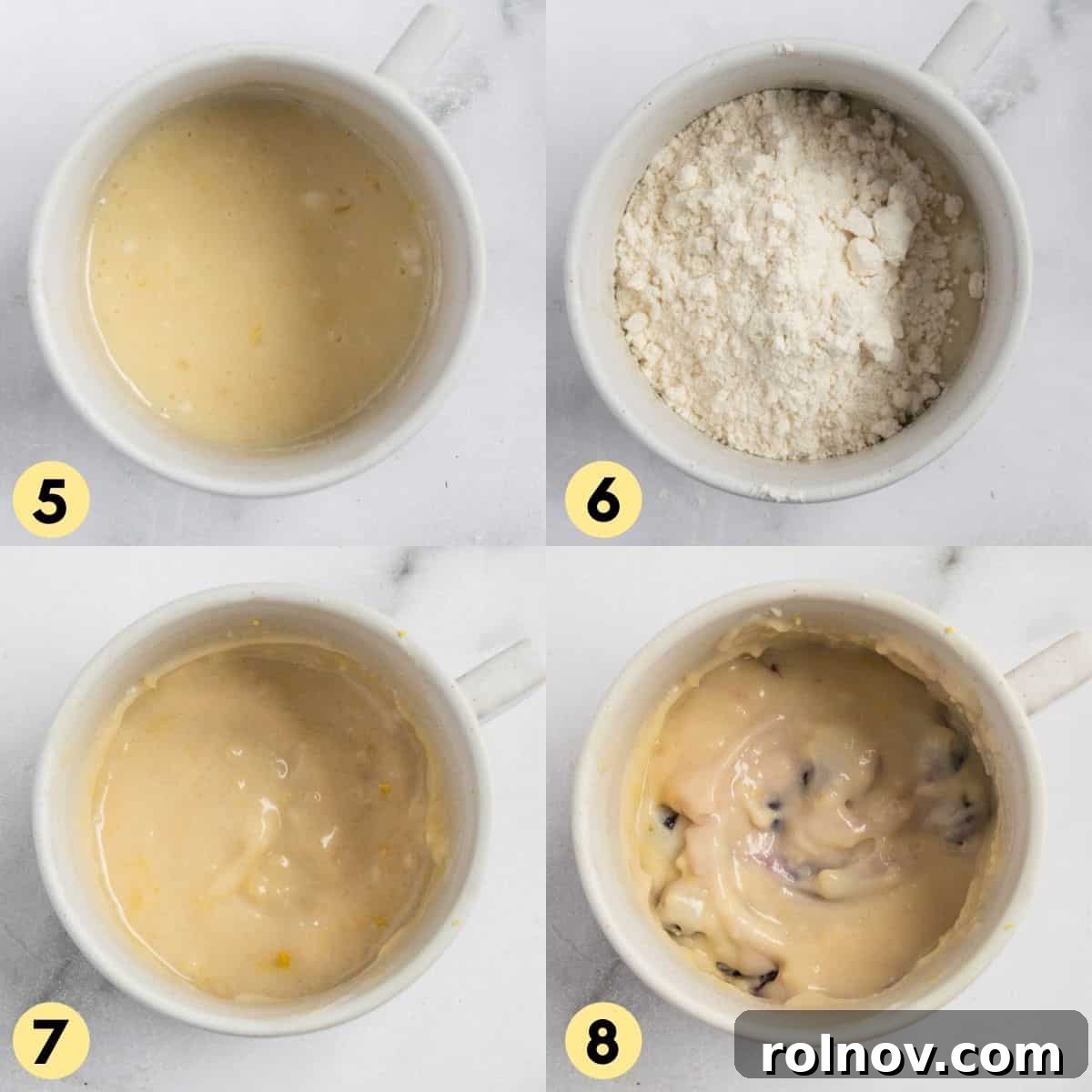 Sunny Blueberry Lemon Mug Cake 5 Mug cake batter showing flour being added, followed by blueberries, demonstrating the final mixing stages before microwaving.