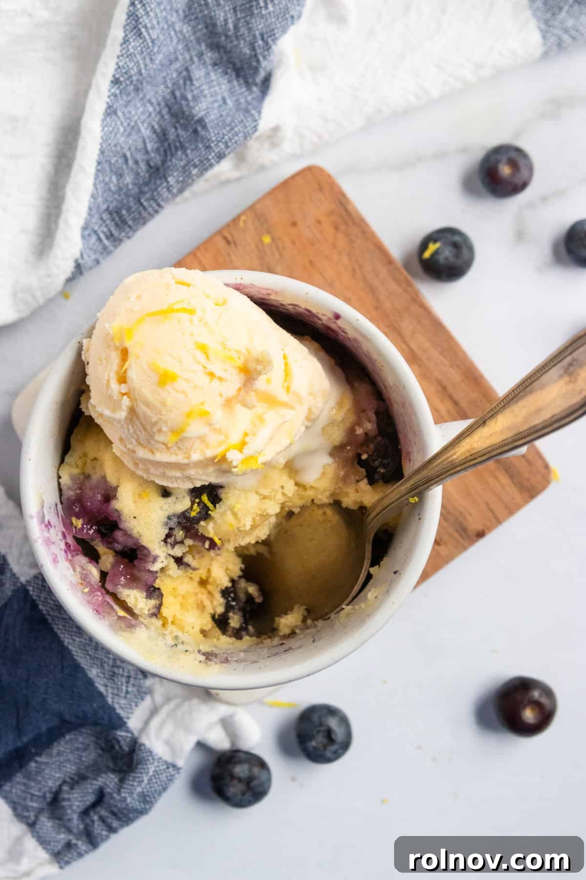 Sunny Blueberry Lemon Mug Cake 6 A freshly made Blueberry Lemon Mug Cake, garnished with fresh blueberries and a scoop of melting vanilla ice cream, presented in a cozy white mug.