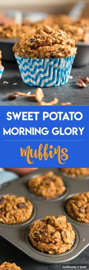 Sweet Potato Morning Glory: The First Rise of Our Adoption Story 7 Promotional image for Sweet Potato Morning Glory Muffins, featuring a vertical stack of muffins with key ingredients visible. Perfect for social media sharing.