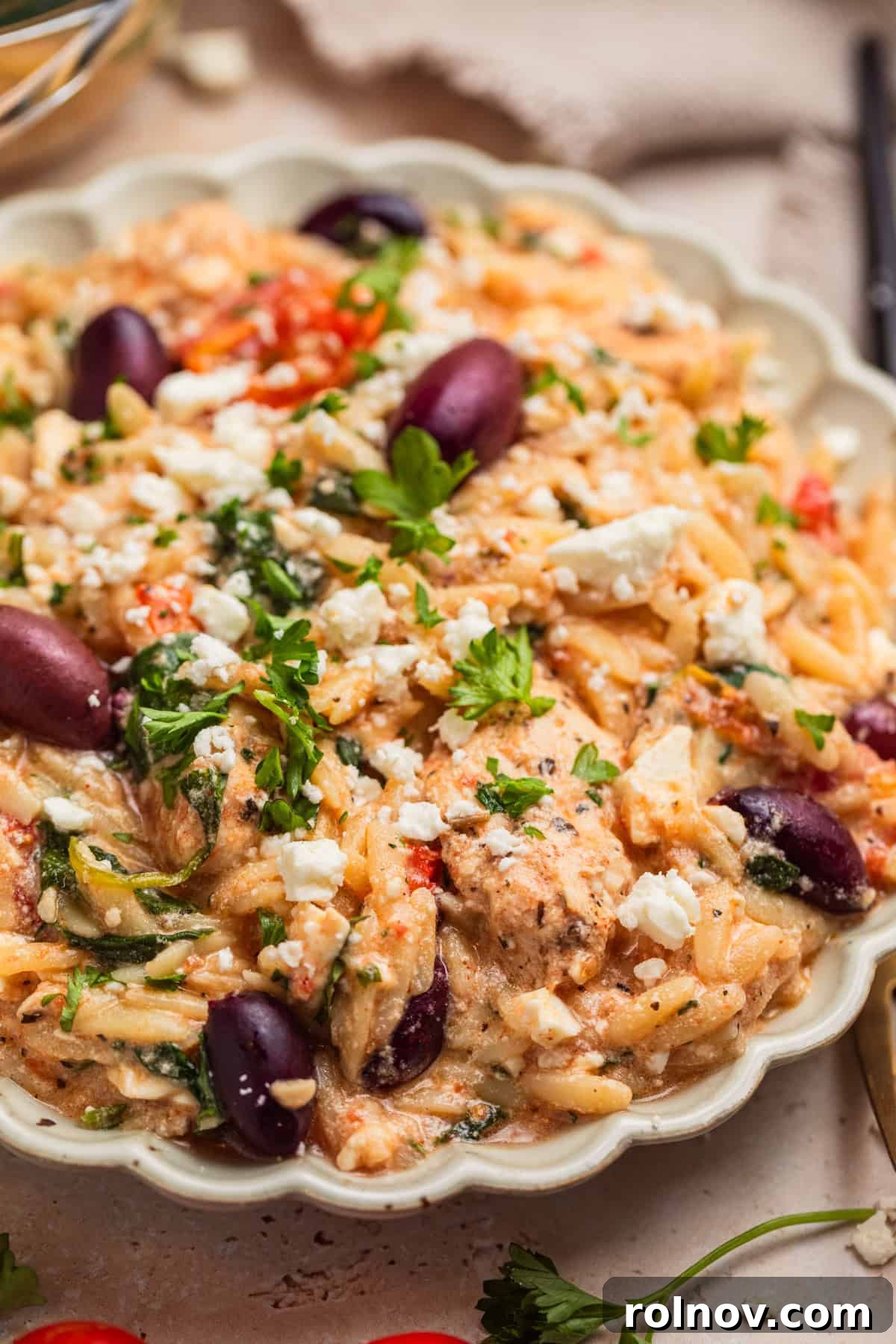 Aegean Chicken and Orzo Bake 11 A single serving plate of Greek chicken and orzo, generously topped with crumbled feta cheese, shiny Kalamata olives, and vibrant chopped parsley, beautifully presented and ready to be enjoyed.