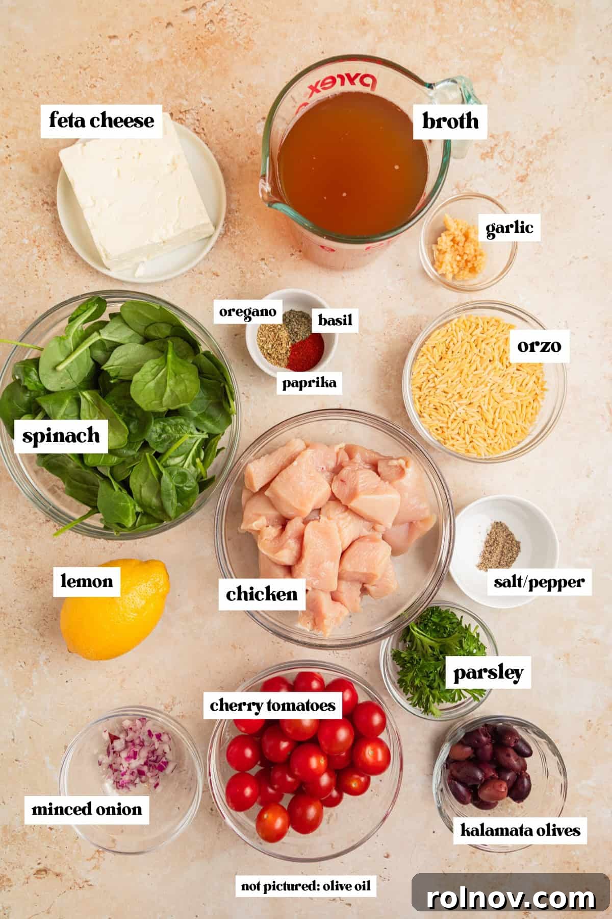 Aegean Chicken and Orzo Bake 4 A flat lay image of fresh ingredients for Greek chicken and orzo, including neatly cubed chicken breast, bright red cherry tomatoes, a block of creamy feta cheese, fresh parsley, whole garlic cloves, a bottle of olive oil, and a container of orzo pasta, all meticulously arranged and labeled for easy identification.