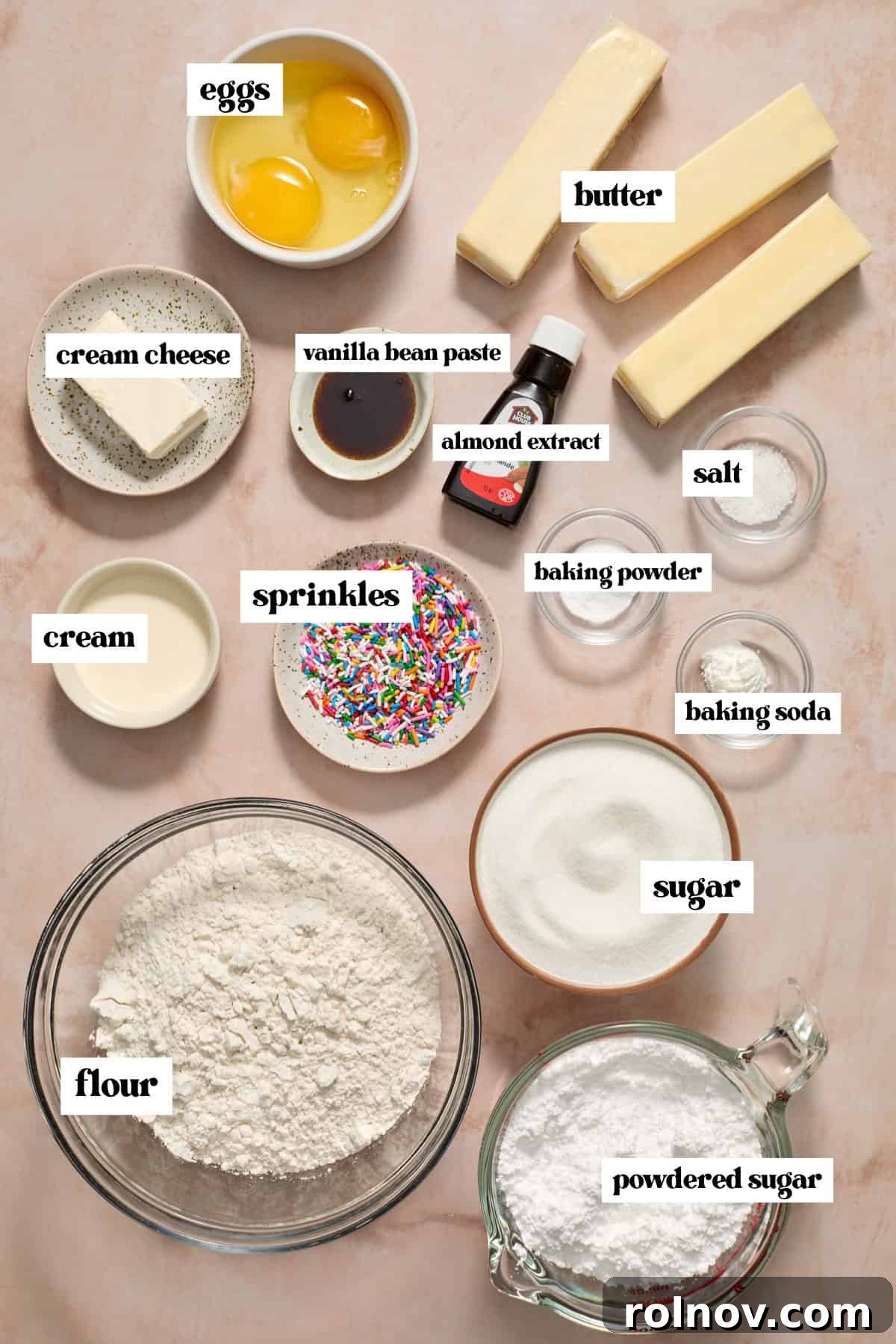 Arrangement of essential baking ingredients like butter, sugar, eggs, and flour, clearly labeled on a clean surface.