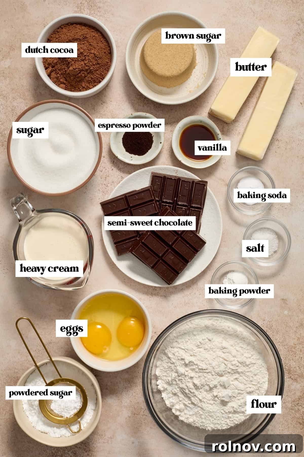 A flat lay of baking ingredients including flour, cocoa powder, eggs, sugar, and butter.