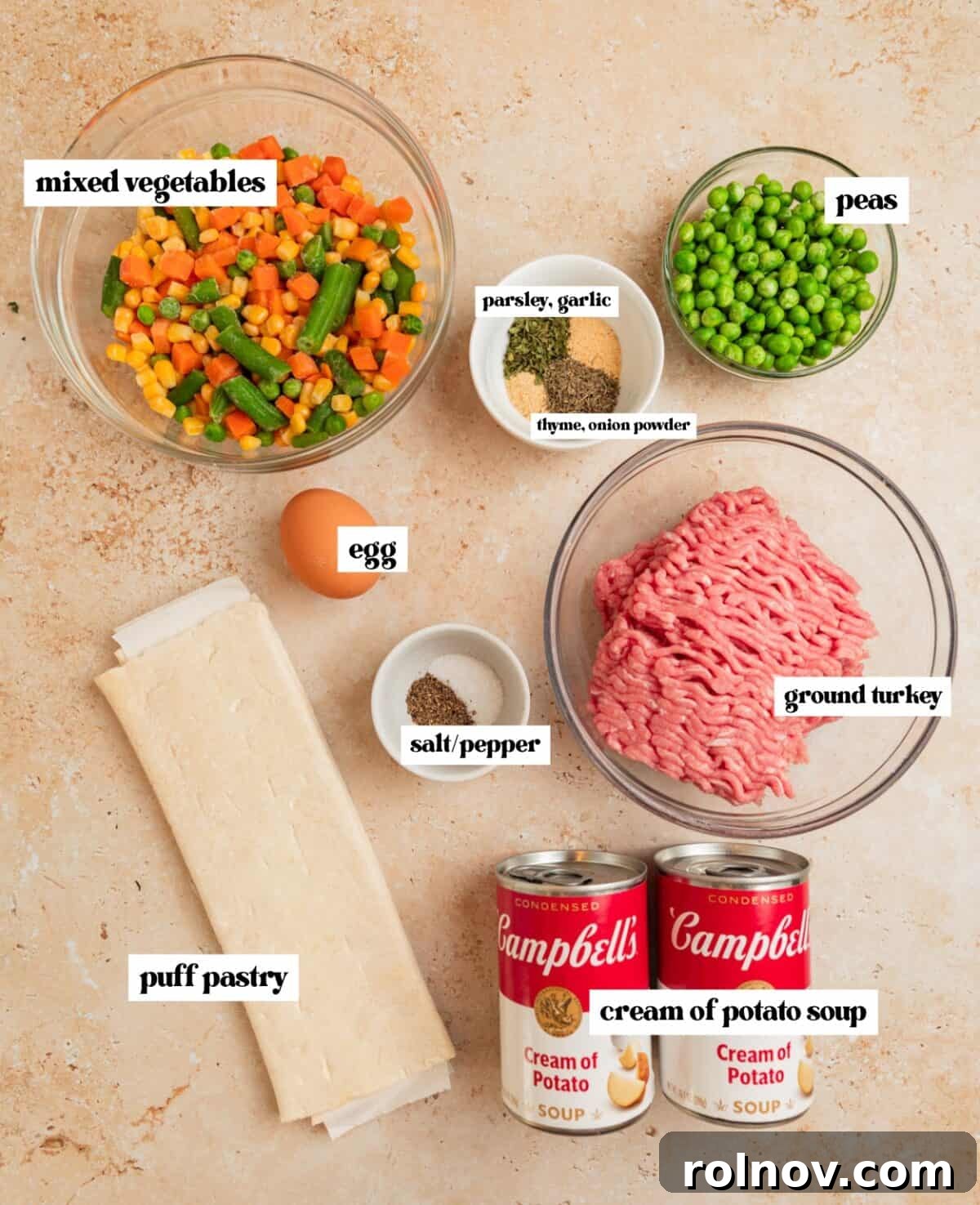 Comforting Ground Turkey Pot Pie 4 Assortment of fresh and frozen vegetables, ground meat, and various spices laid out on a kitchen surface, ready for cooking.