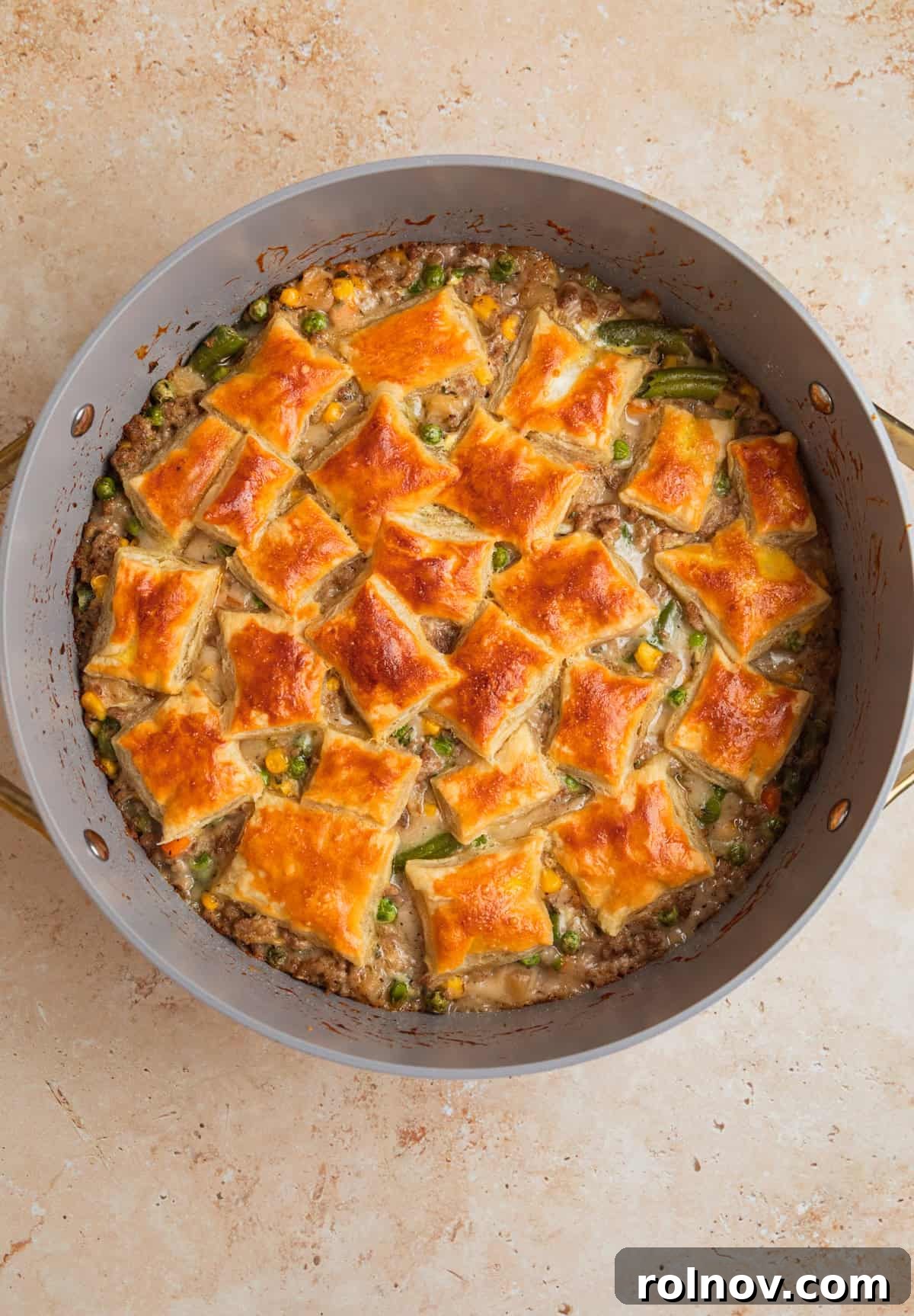 Comforting Ground Turkey Pot Pie 8 The finished ground turkey pot pie, hot and bubbling, just out of the oven, with a beautifully golden and puffed pastry crust.