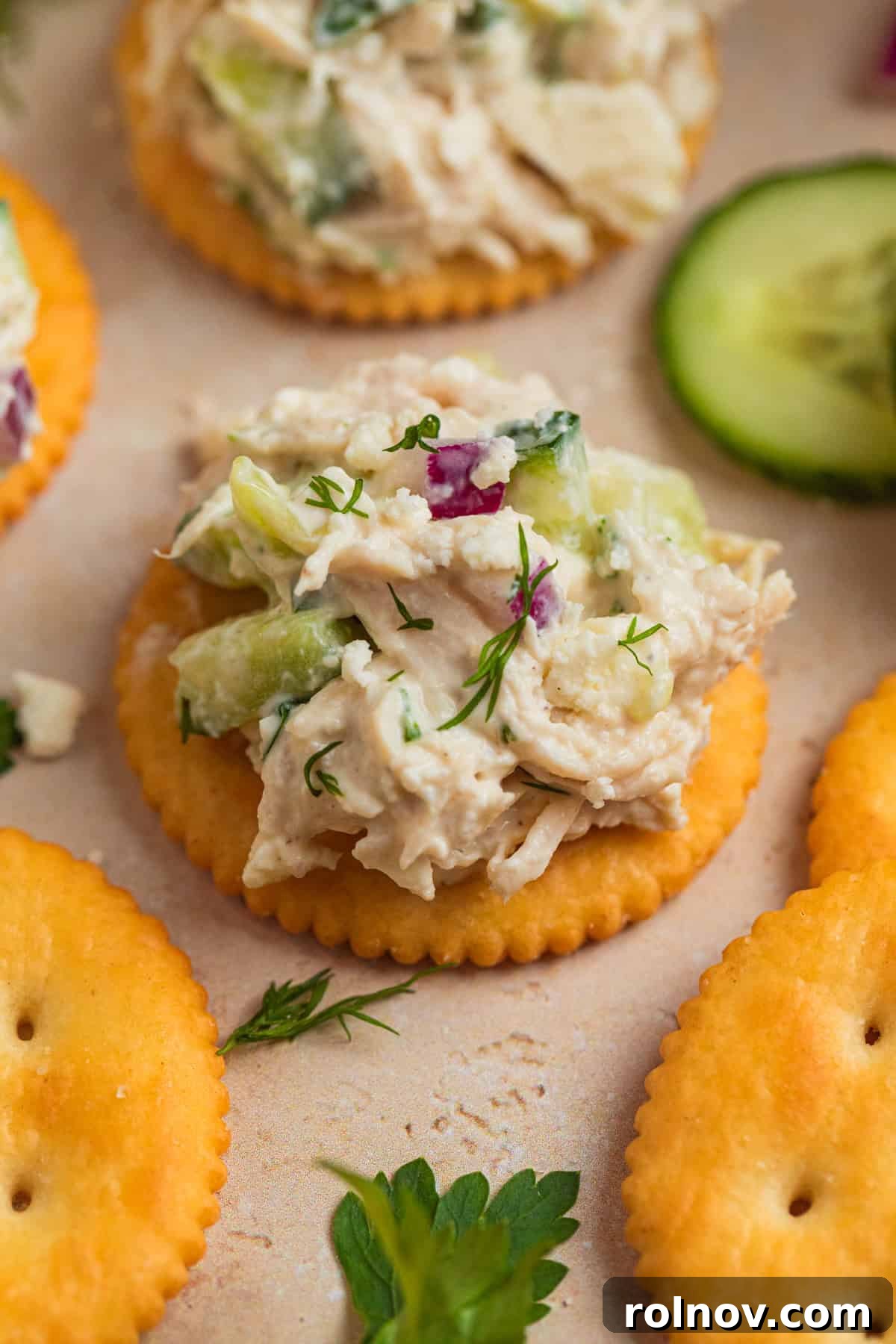 Crisp Ritz crackers generously topped with fresh cucumber and feta chicken salad, garnished with a sprig of fresh dill, ready for serving.