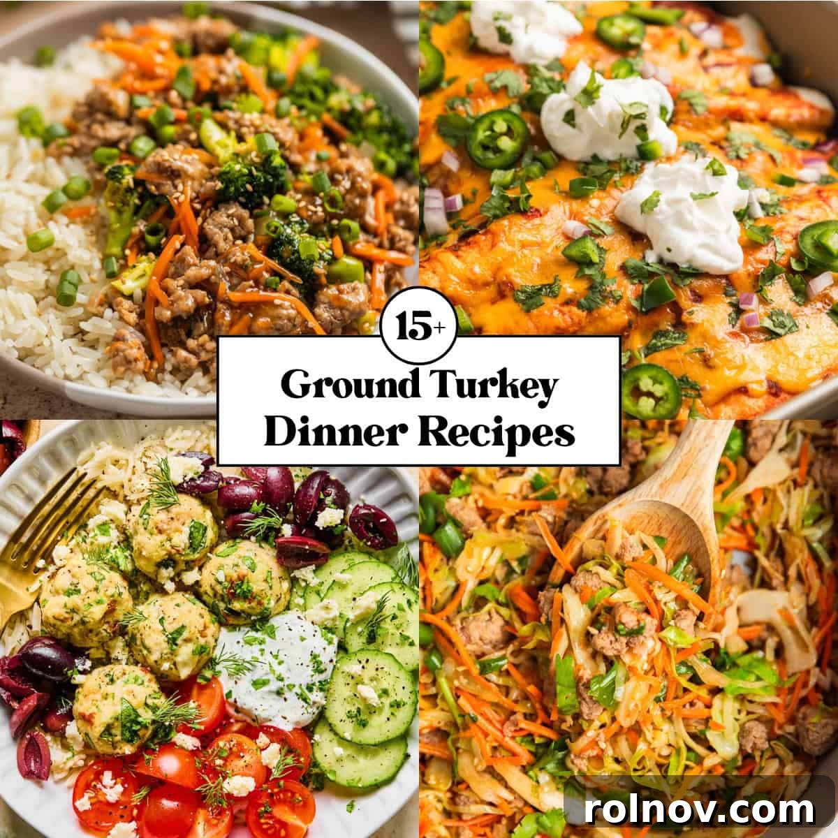 A collage featuring various ground turkey dinner recipes, including savory meatballs, a vibrant stir-fry, cheesy enchiladas, and a deconstructed egg roll bowl.