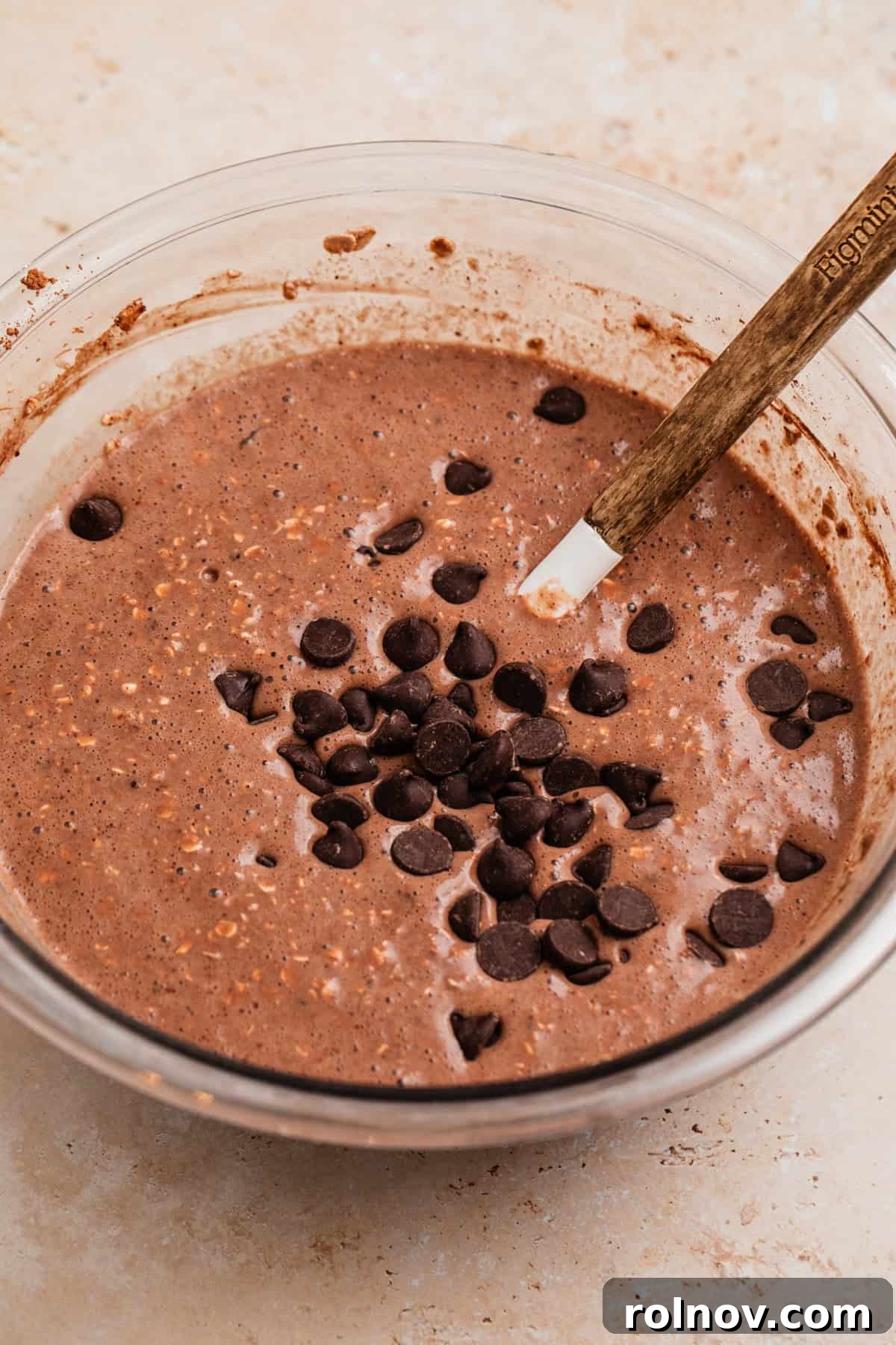 Decadent Chocolate Baked Oats 6 Chocolate chips gently folded into the prepared chocolate oat mixture.