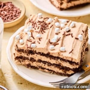 Decadent No-Bake Chocolate Cake 18 Slice of chocolate layered icebox cake topped with sprinkles and marshmallows.