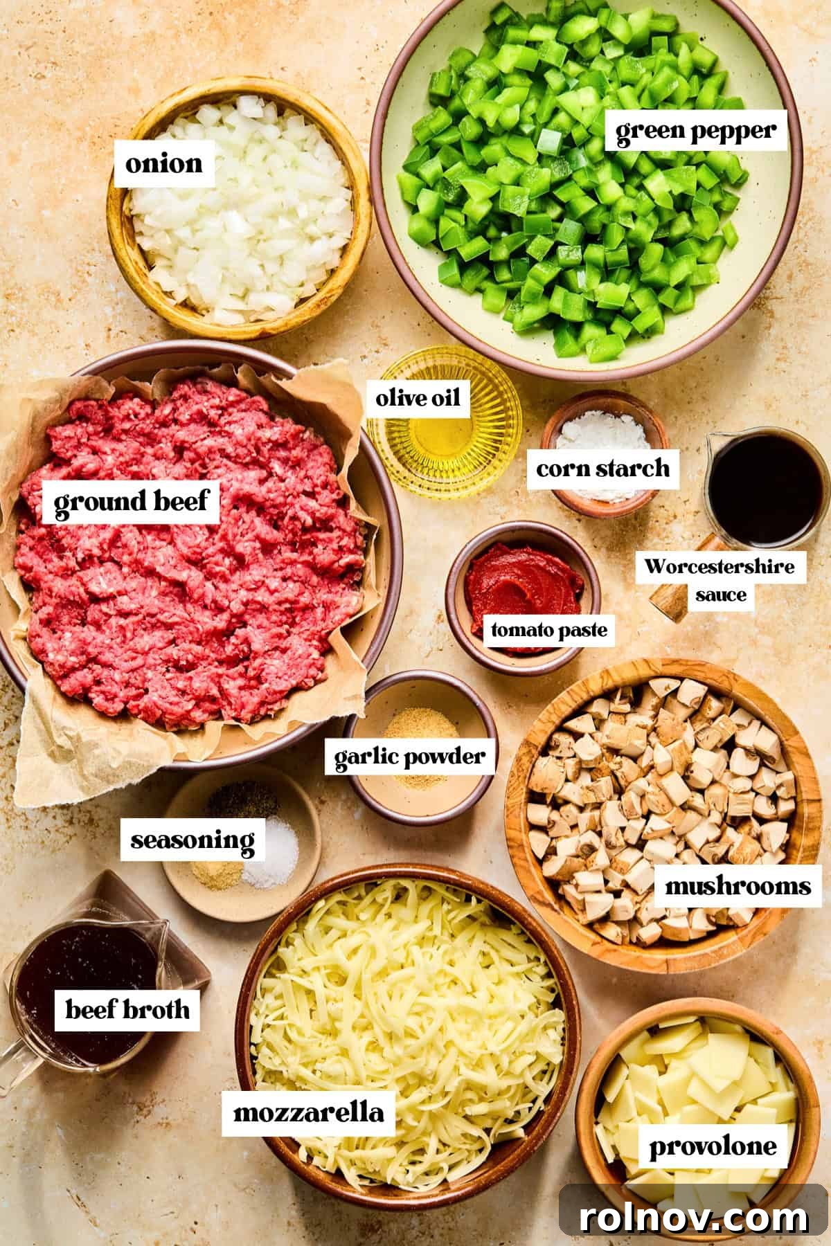 Philly Steak & Cheese Power Bowls 4 Chopped peppers, beef, cheeses and other ingredients needed for recipe.