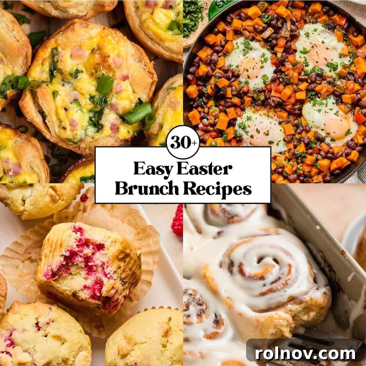 A vibrant collage featuring a savory puff pastry quiche, fluffy muffins, and sweet cinnamon rolls, perfect for an Easter brunch spread.