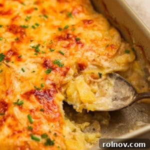 A baking pan filled with golden-brown Gruyere scalloped potatoes, with a serving spoon ready to scoop out a portion.