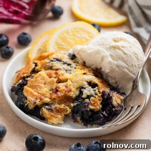 A slice of delectable blueberry lemon dump cake served on a white plate, accompanied by a fork and a generous scoop of vanilla ice cream.