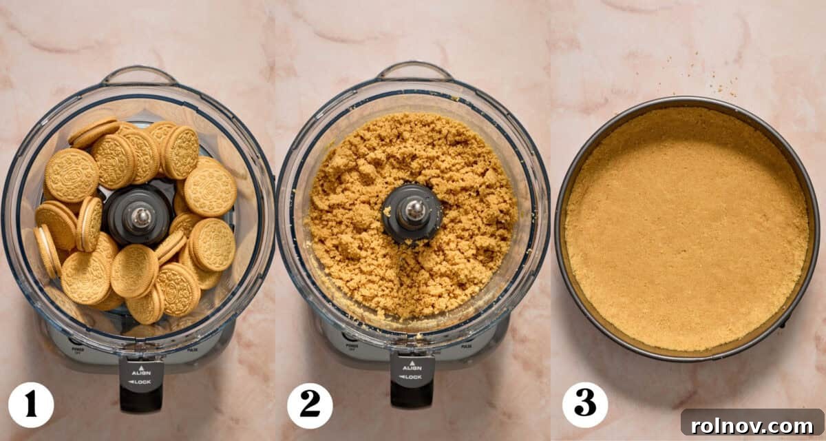 Collage of images showing Golden Oreo crust being prepped, from crushing cookies to pressing into the pan.