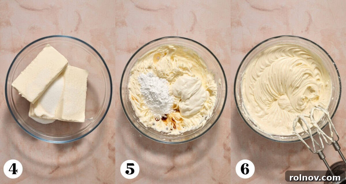 Cream cheese and sugar being creamed together, followed by other filling ingredients added into the bowl.