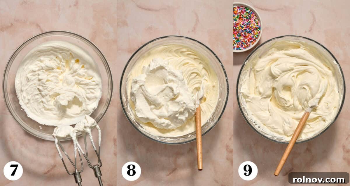 Collage showing whipping cream being whipped to stiff peaks, then gently folded into the cheesecake mixture in a bowl.