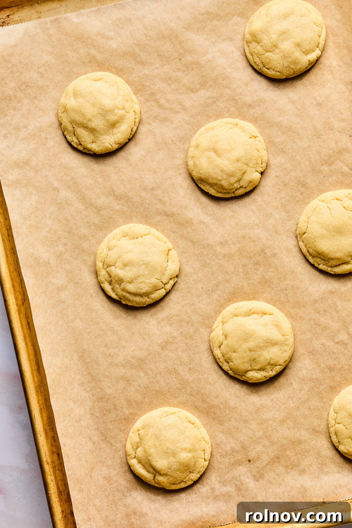 Frosted Sugar Delights 11 Freshly baked sugar cookies on a baking sheet, with slightly puffy tops.
