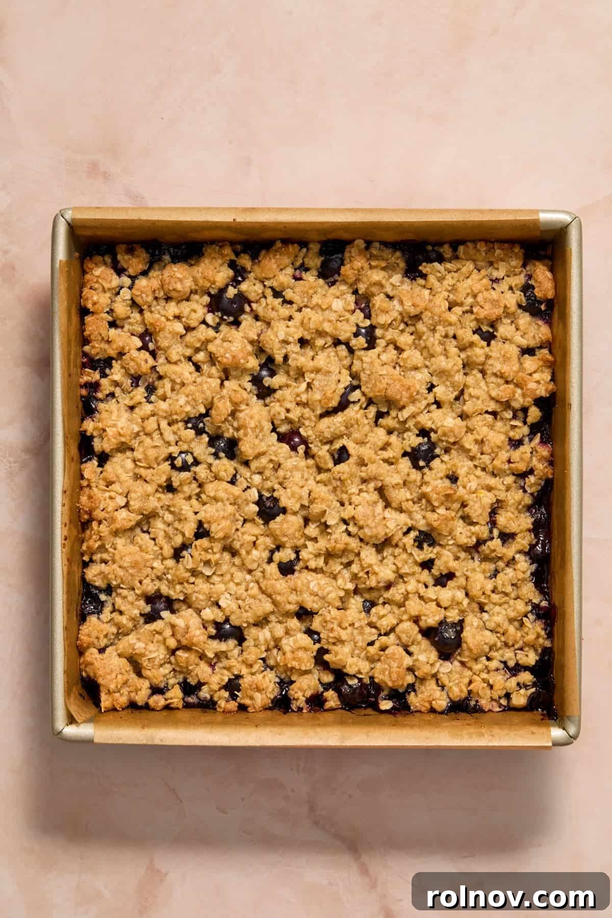 Bright Blueberry Lemon Squares 12 Baked blueberry lemon bars cooling in the parchment-lined baking pan, showing a golden-brown top.