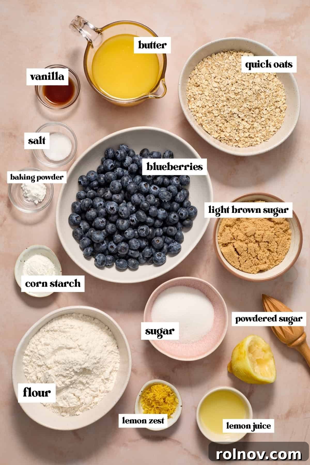 Bright Blueberry Lemon Squares 4 A flat lay of ingredients for blueberry lemon bars, including fresh blueberries, quick oats, light brown sugar, lemons, and other baking essentials, all clearly labeled.