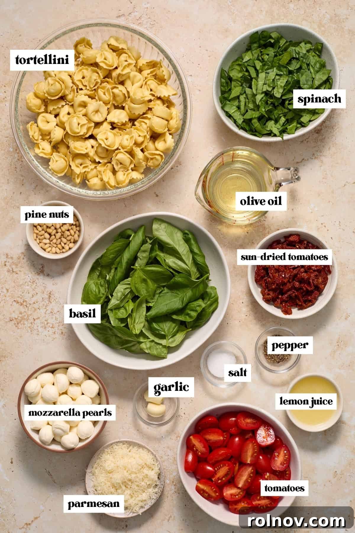 Spinach, mozzarella pearls, spinach, tortellini and other ingredients labeled on surface.