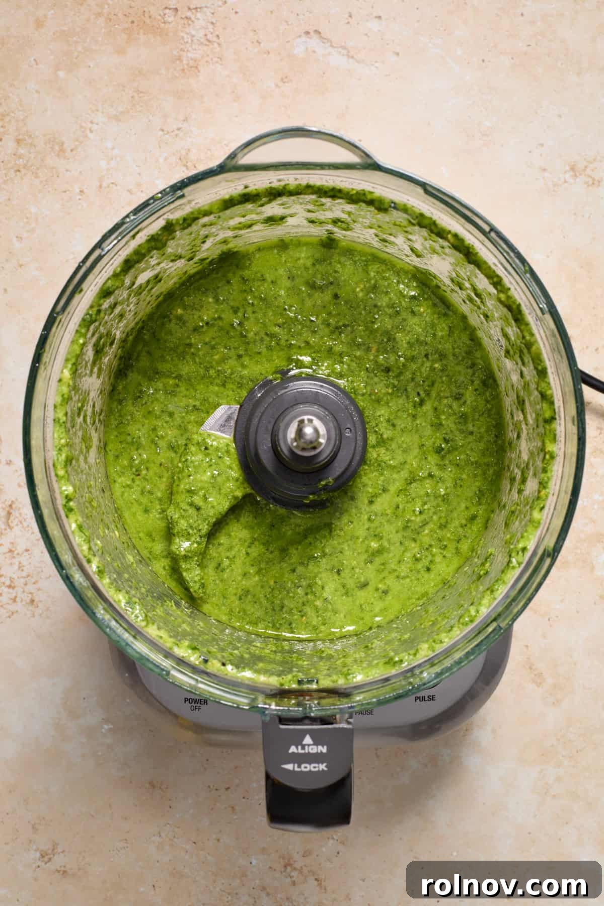 Basil pesto in food processor.