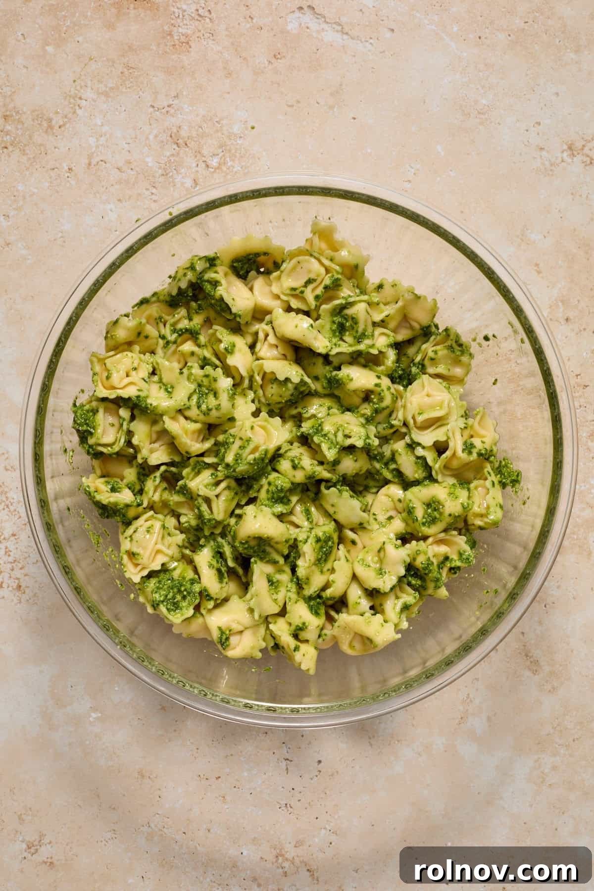 Pesto tossed with tortellini.