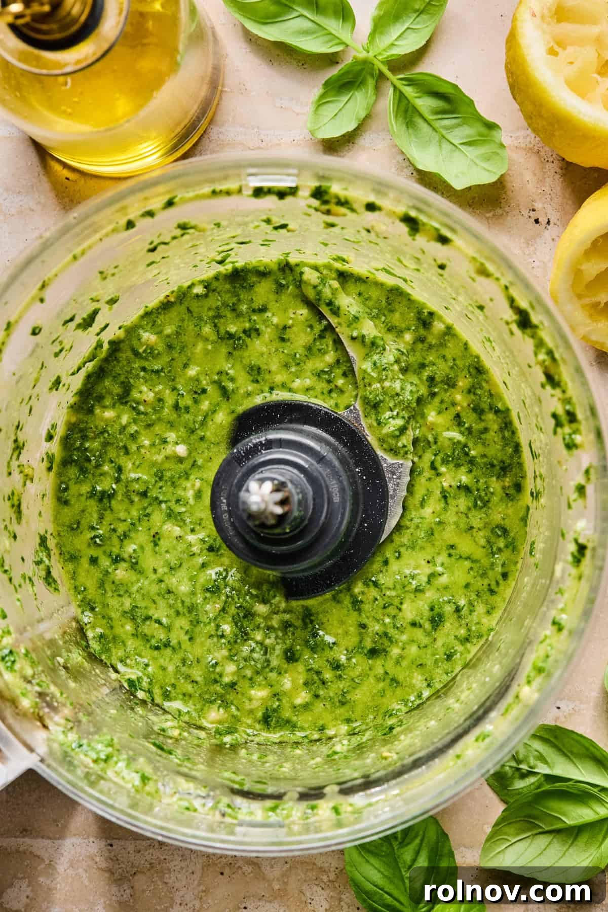 Creamy Pesto Chicken Pasta Salad Recipe for Summer Meals 6 Food processor with basil pesto.