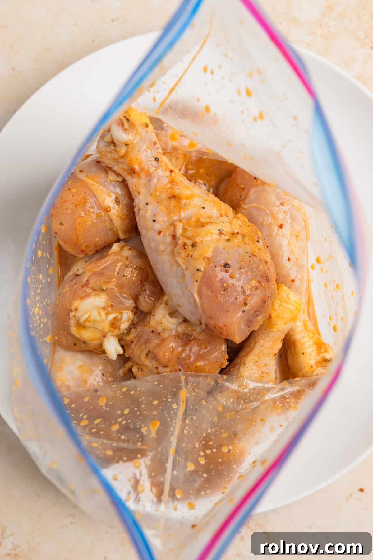 Sticky Honey Mustard Chicken Drumsticks Recipe 8 Marinated chicken legs in bag.