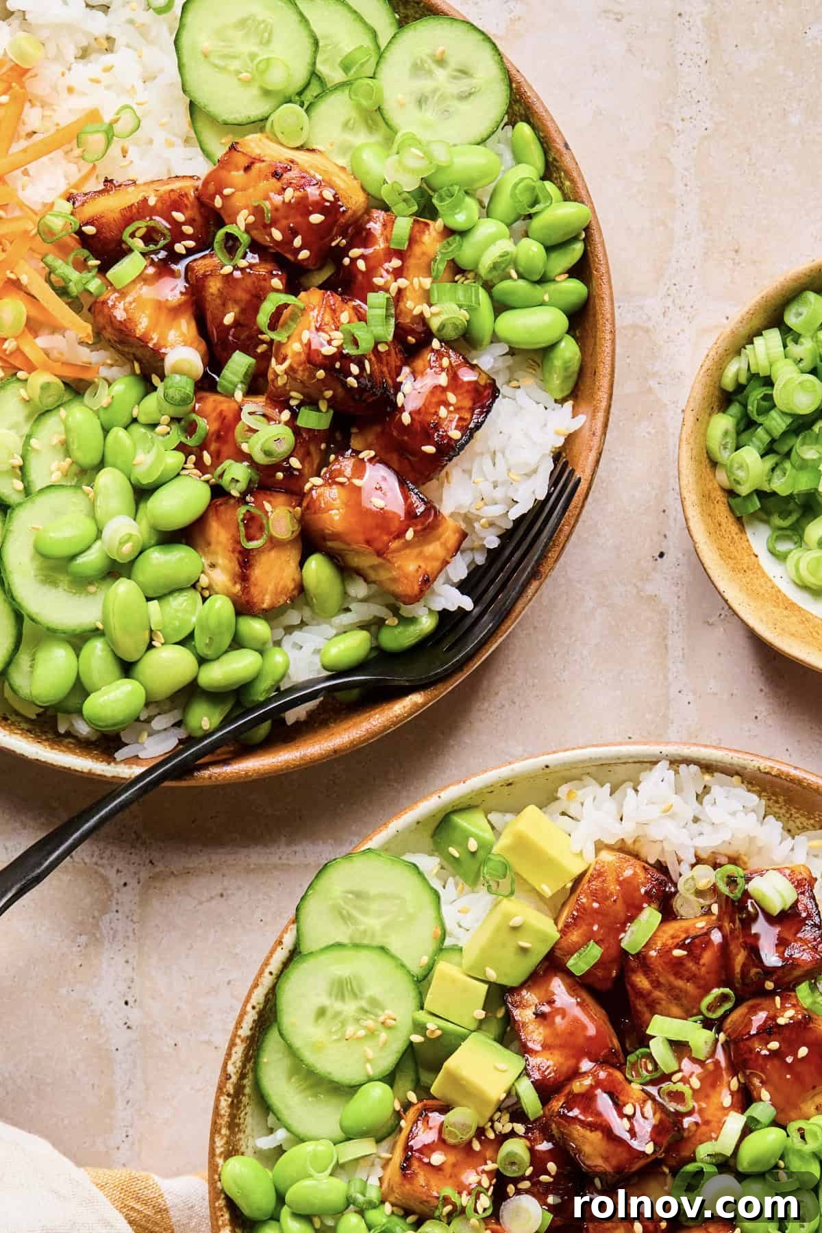 Teriyaki Salmon Rice Bowl with Sesame & Scallions 2 Teriyaki salmon bites in rice bowls with edamame, cucmbers and other ingredients.
