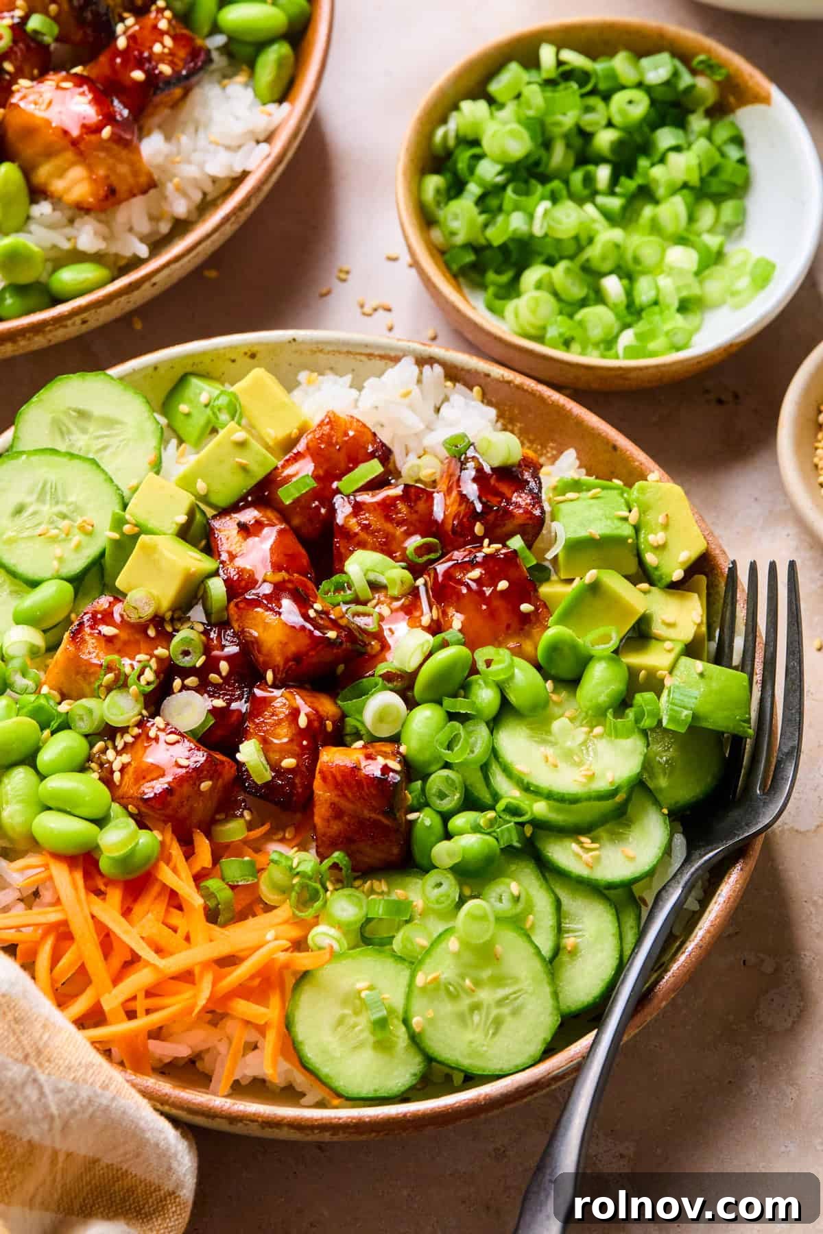 Teriyaki Salmon Rice Bowl with Sesame & Scallions 11 Teriyaki salmon cubes in rice bowls with cucumbers, carrots and green onion.