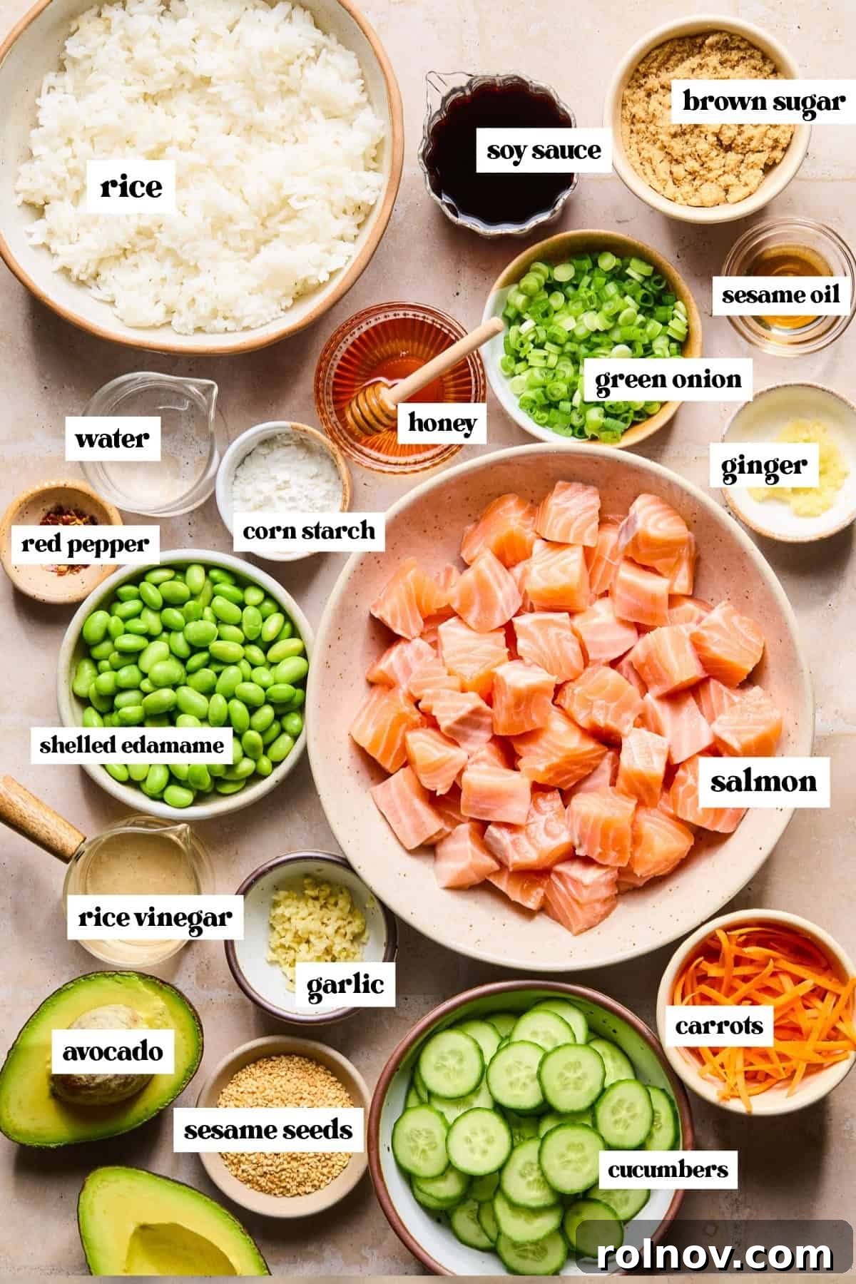 Teriyaki Salmon Rice Bowl with Sesame & Scallions 4 Cubed salmon in bowl, vegetables, soy sauce, rice and other labeled ingredients on surface.