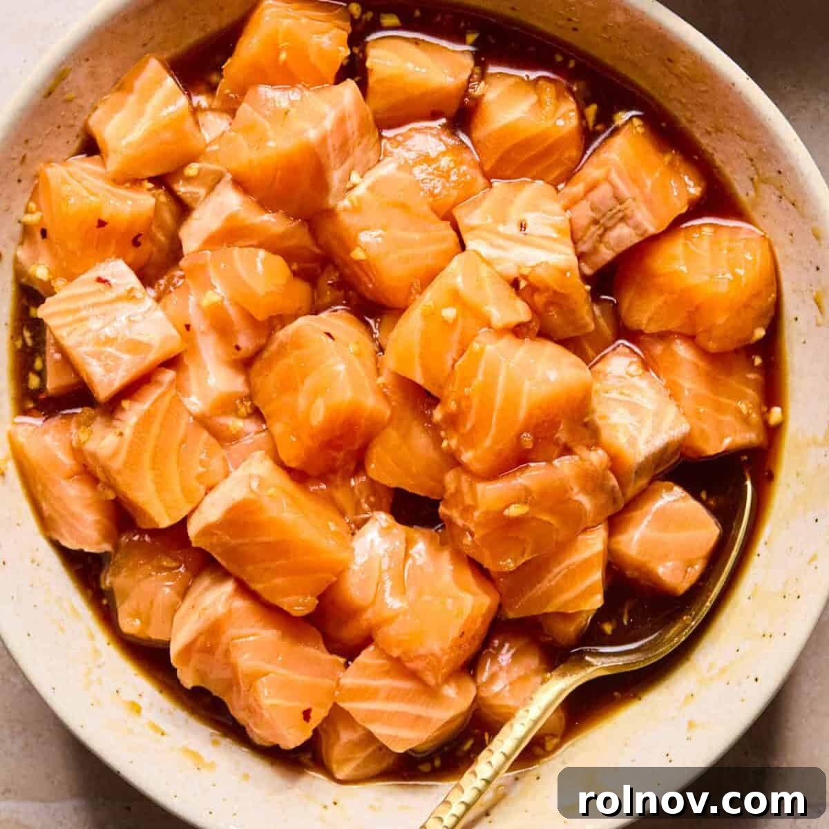 Teriyaki Salmon Rice Bowl with Sesame & Scallions 6 Bowl with cubed salmon in teriyaki marinade.