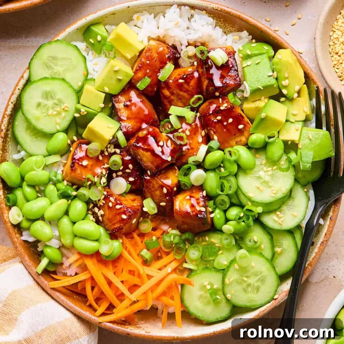 Teriyaki Salmon Rice Bowl with Sesame & Scallions 10 Bowl with teriyaki salmon, rice, green onion, cucumber and more.