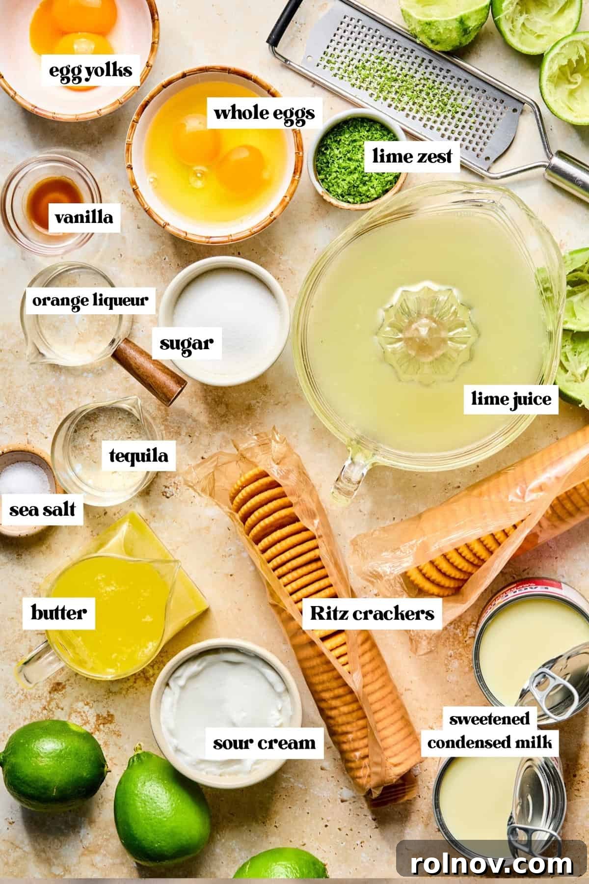 Lime juice, eggs, crackers, sugar and other ingredients to make recipe.