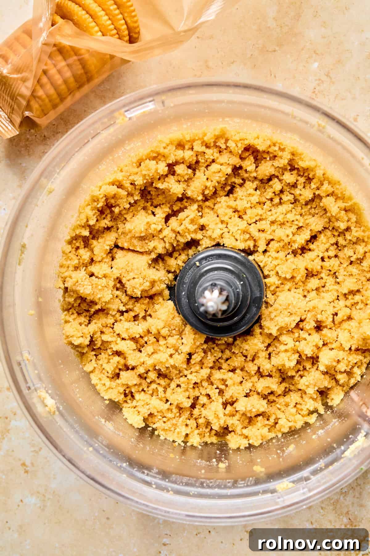 Ritz cracker crust mixture in food processor.